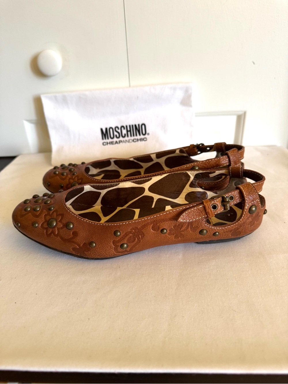 MOSCHINO Cheap And Chic Brown Leather Studded Sandals 8